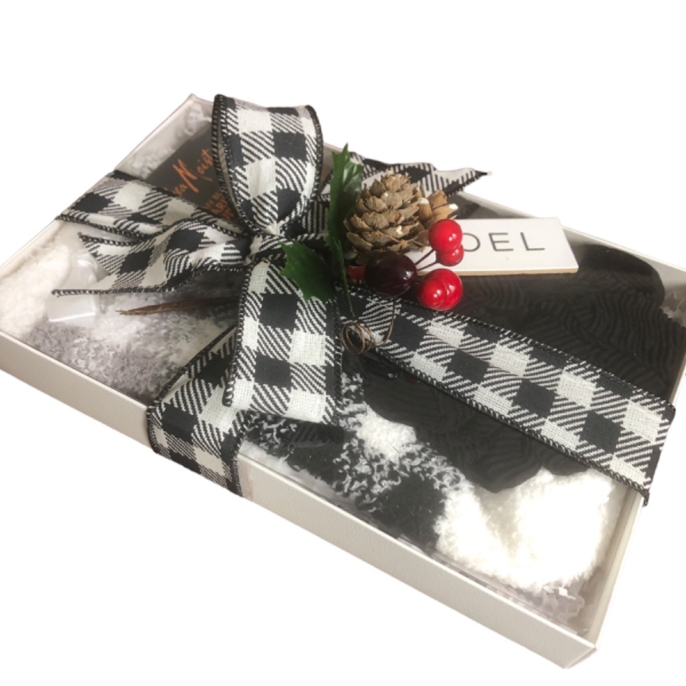 White & Black Plaid Fuzzy Sock & Hair Scruchie Gift Set